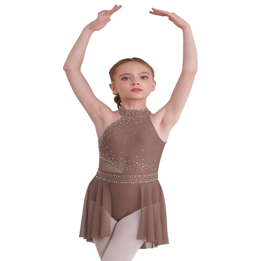 JEATHA Kids Girls Rhinestone Sleeveless Mock Neck Roller Skating Dress Gymnastic Leotard Ballet Dance Costume Dusty Pink B 8