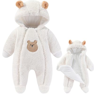 Fairy Baby Newborn Baby Winter Snowsuit Bear Double Zipper Romper Fleece Footie Jumpsuit Clothes Infant Coat Bodysuit for Girls Boys White 6-9M