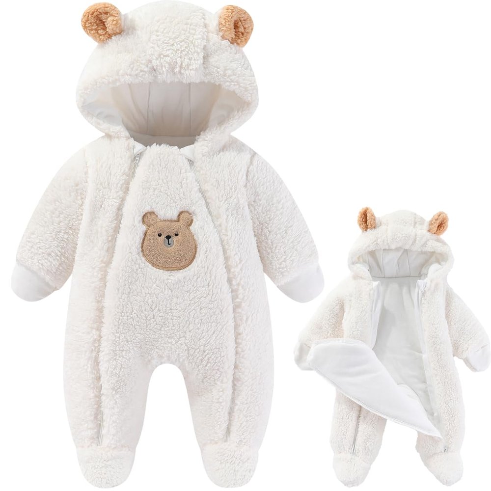 Fairy Baby Newborn Baby Winter Snowsuit Bear Double Zipper Romper Fleece Footie Jumpsuit Clothes Infant Coat Bodysuit for Girls Boys White 6-9M