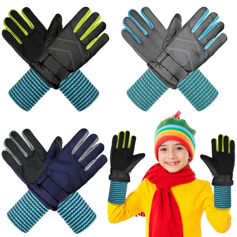 Newcotte 3 Pairs Winter Snow Gloves Kids Waterproof Long Cuff Ski Gloves Warm Mittens for Boys Girls Toddler Outdoor(Warm Style,Aged 6-10)