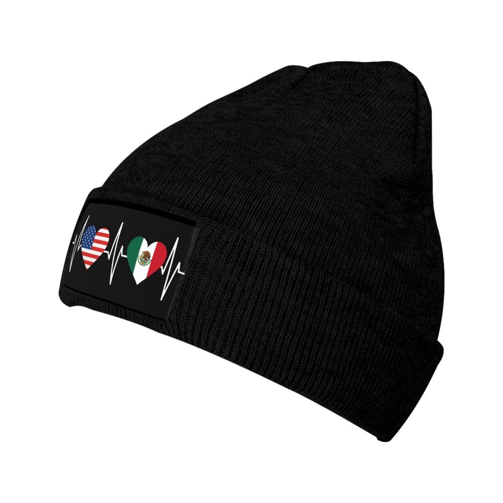 America Mexico Flag Knit Beanie Hat Winter Fall Headwear for Men Women Warm Stocking Skull-Cap for Cold Weather Skate Black