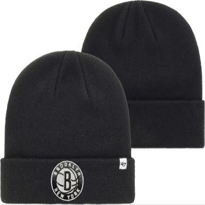 47 NBA Unisex-Adult Primary Logo Cuffed Knit Primary Logo Team Color Beanie Hat Cold Weather Hat, One Size (Brooklyn Nets Black)