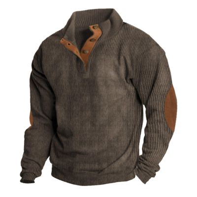 Alalaso Men's Corduroy Shirts Casual Lapel Collar Button Up Pullover Mock Neck Long Sleeve Sweaters Casual Polo Sweatshirts