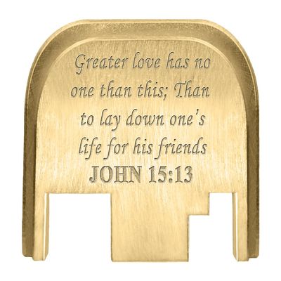 NDZ Performance Rear Slide Cover Back Plate for Gen 1-4 Glock 17 19, 9mm .40 .357 .45, Custom Laser Engraved Images on Brass, Made in The USA - Bible John 15:13