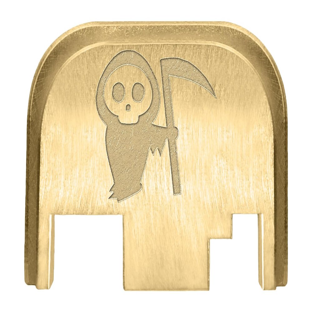 NDZ Performance Rear Slide Cover Back Plate for Gen 1-4 Glock 17 19, 9mm .40 .357 .45, Custom Laser Engraved Images on Brass, Made in The USA - Grim Reaper Baby