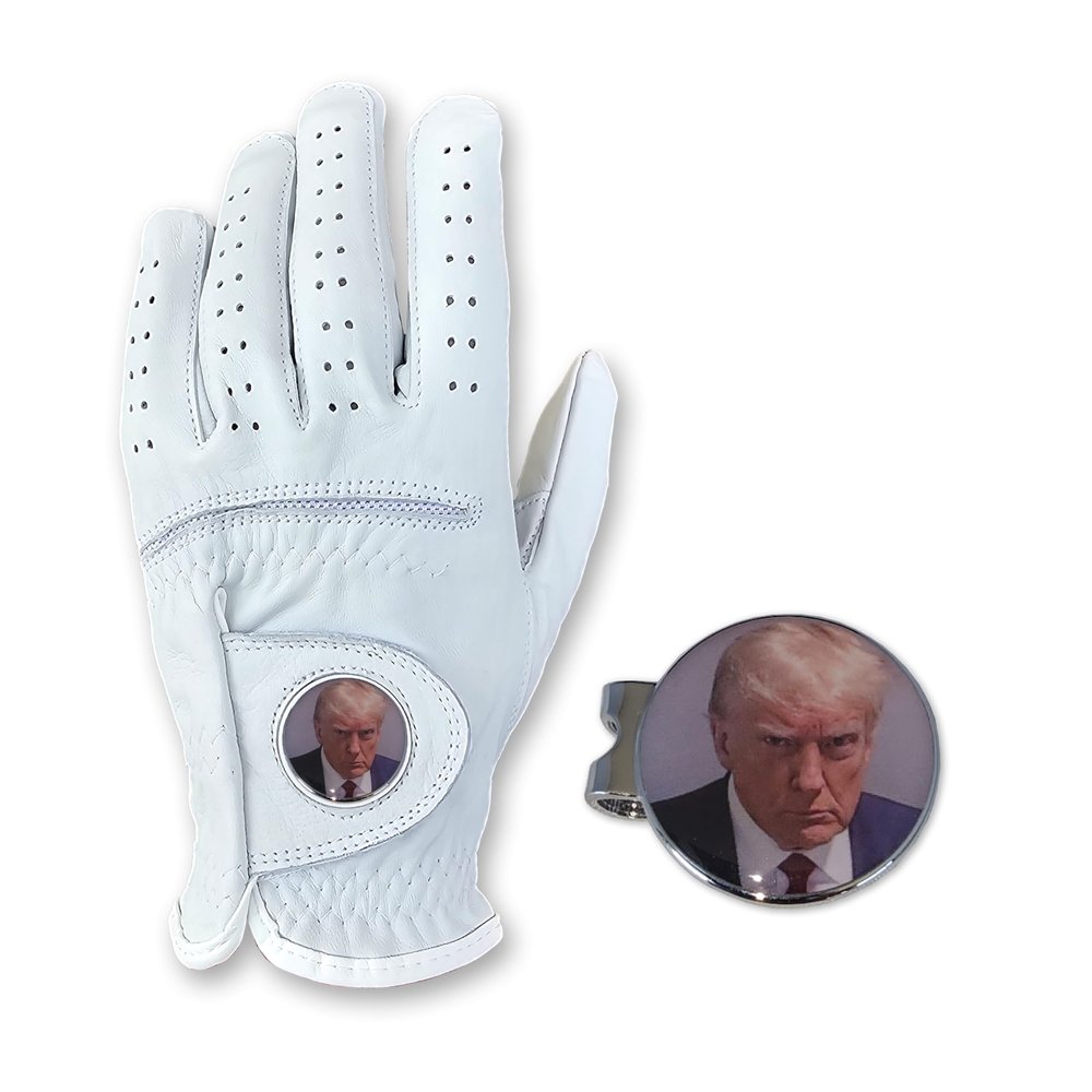 Scale Wear Design Trump Mugshot Golf Gloves Mens - Cabretta Leather Golf Gloves with Donald Trump Mugshot Ball Marker and Hat Clip Shocker