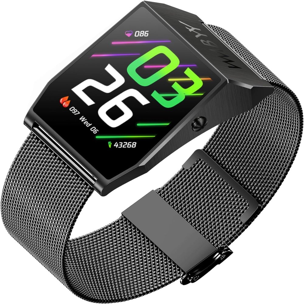 WMBYY Smart Watch with Heart Rate, Blood Oxygen, Blood Pressure and Sleep Tracker, 24 Sports Mode, 5 ATM Water Resistant, 304 Stainless Steel, Fitness Watch - Black