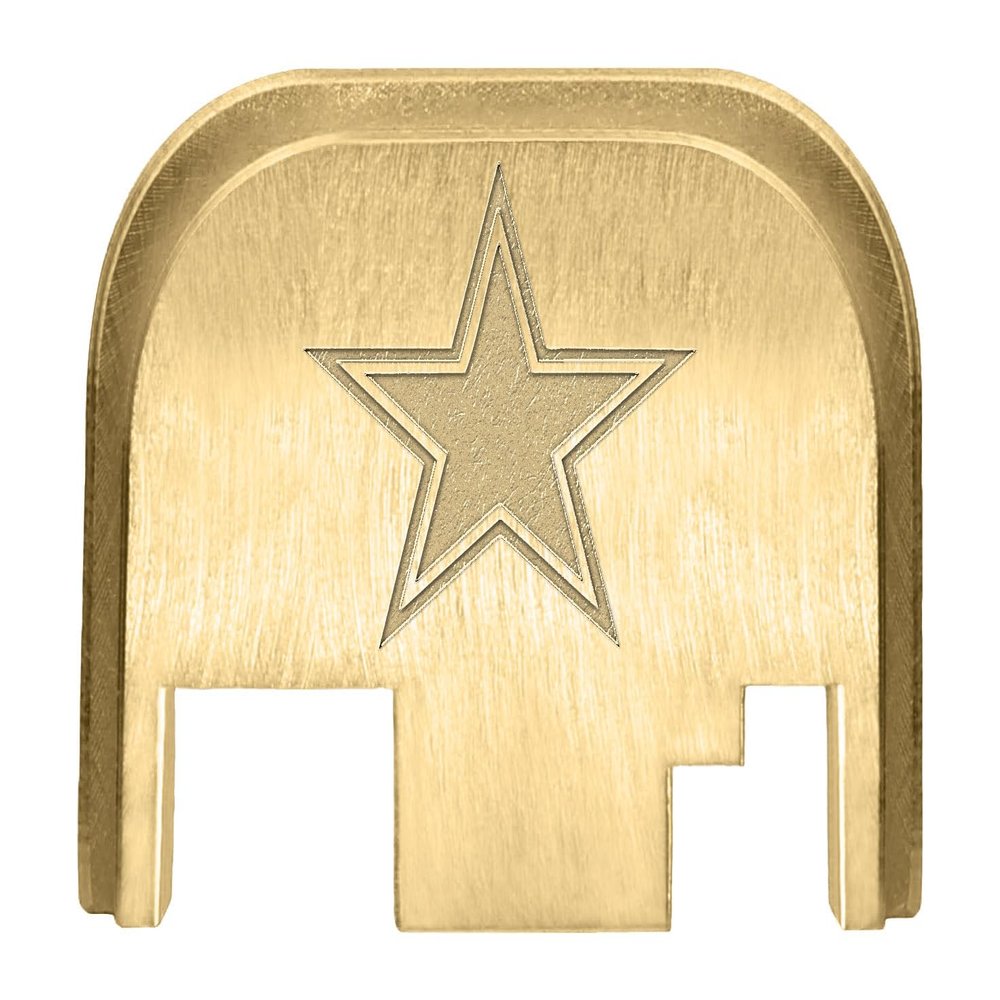 NDZ Performance Rear Slide Cover Back Plate for Gen 1-4 Glock 17 19, 9mm .40 .357 .45, Custom Laser Engraved Images on Brass, Made in The USA - Dallas Star