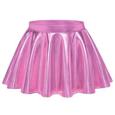 Auranso Girls Metallic Skater Skirt Sparkly Shiny Flared Pleated A-Line Mini Skort Pink 12-13 Years