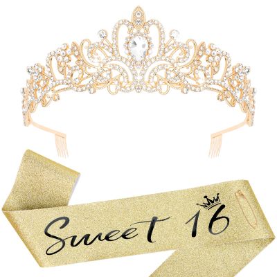 YARIEW 16th Birthday Decorations: Gold Tiara and Sash Set for Sweet Sixteen Girls
