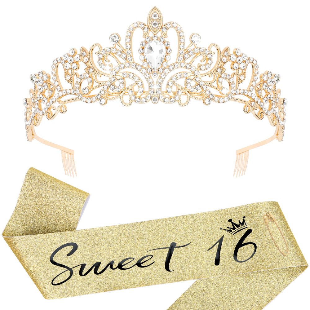 YARIEW 16th Birthday Decorations: Gold Tiara and Sash Set for Sweet Sixteen Girls