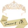 YARIEW 16th Birthday Decorations: Gold Tiara and Sash Set for Sweet Sixteen Girls view 1