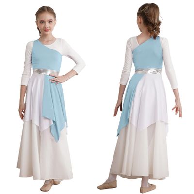 Loyan Girls Tunic Circle Skirt Liturgical Worship Costume Dancewear Loose Fit Praise Dance Dress Lyrical Church Robe Light Blue 6 Years