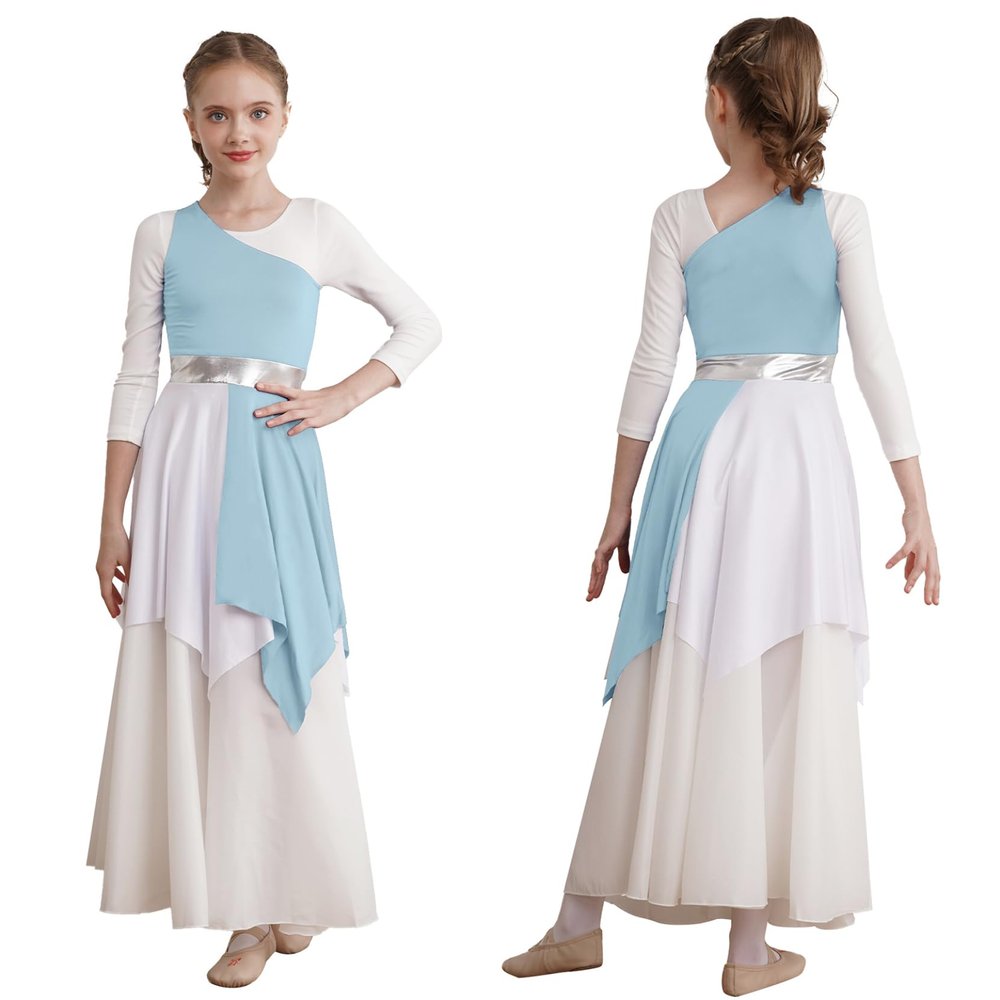 Loyan Girls Tunic Circle Skirt Liturgical Worship Costume Dancewear Loose Fit Praise Dance Dress Lyrical Church Robe Light Blue 6 Years