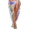 easyforever Women's Belly Dance Long Hip Skirts Sparkly Sequin Lace-Up Mermaid Hip Scarf Skirt Pink Large view 1