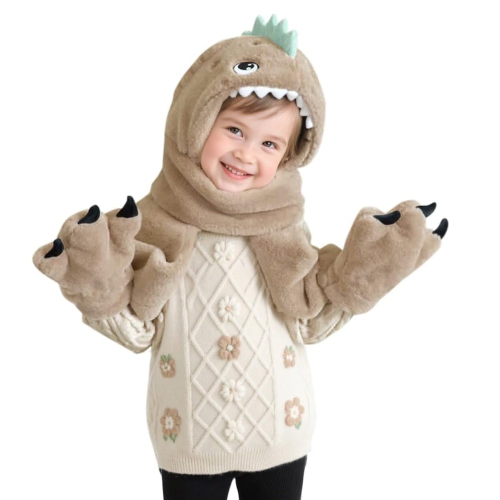 Kids 3-in-1 Hooded Hat Gloves Scarf Set,Cute Dinosaur Faux Fur Hat Plush Warm Earflap Beanie for Boys Girls