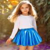 Auranso Girls Metallic Skater Skirt Sparkly Shiny Flared Pleated A-Line Mini Skort Bright Blue 5-6T view 3