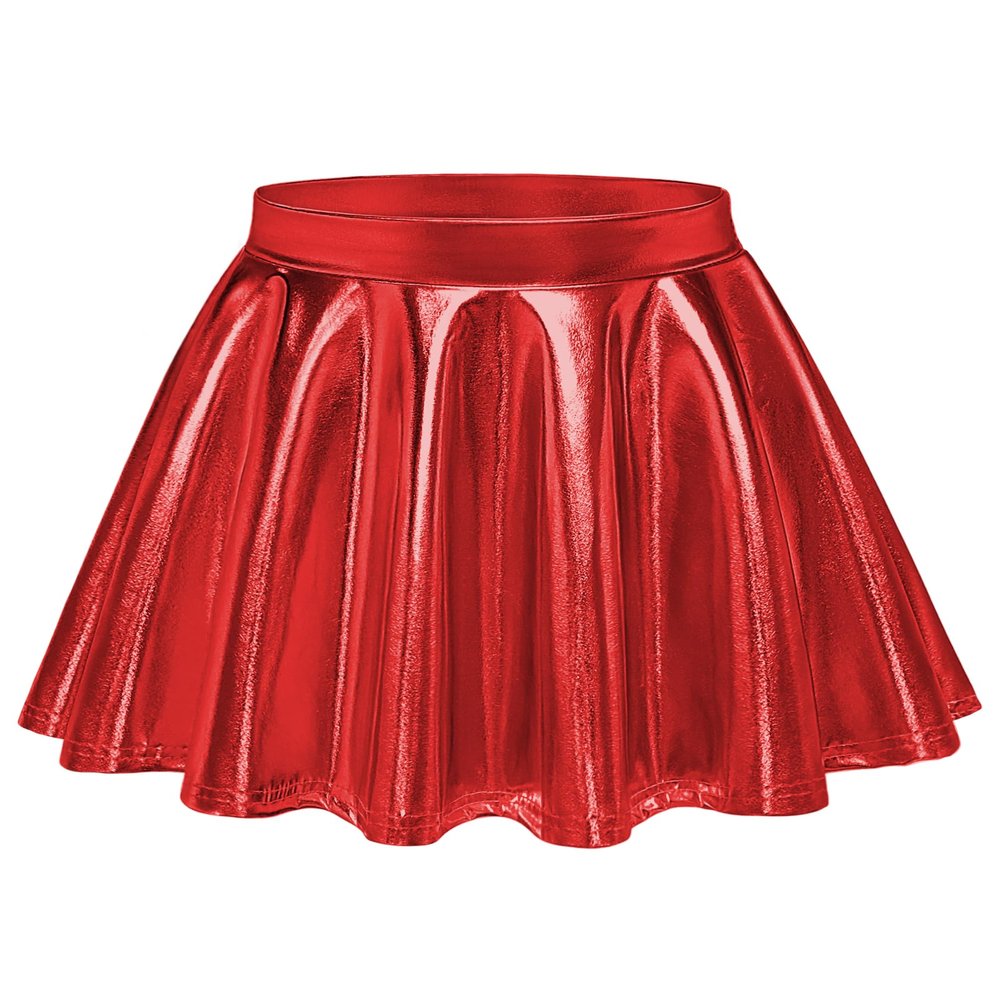 Auranso Girls Metallic Skater Skirt Sparkly Shiny Flared Pleated A-Line Mini Skort Red 5-6T