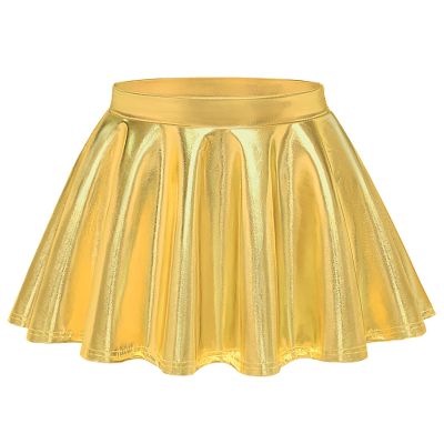 Auranso Girls Metallic Skater Skirt Sparkly Shiny Flared Pleated A-Line Mini Skort Gold 10-11 Years