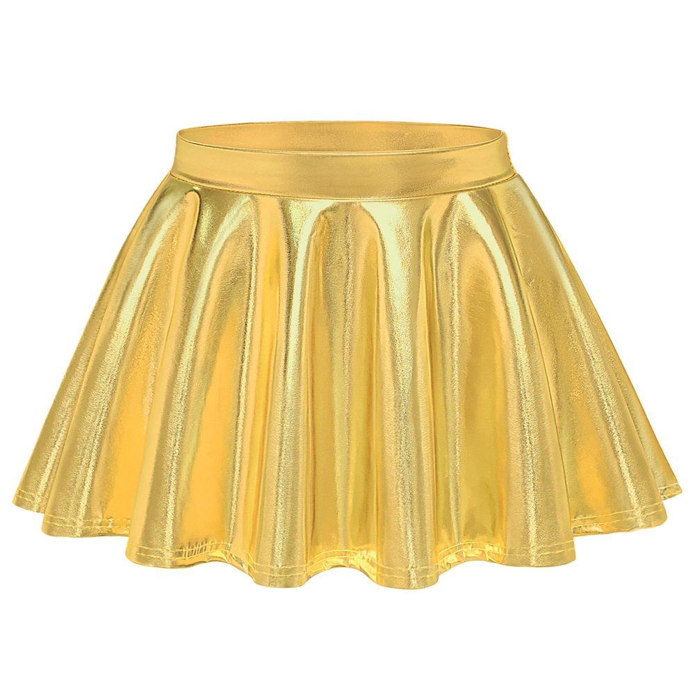 Auranso Girls Metallic Skater Skirt Sparkly Shiny Flared Pleated A-Line Mini Skort Gold 10-11 Years