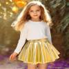 Auranso Girls Metallic Skater Skirt Sparkly Shiny Flared Pleated A-Line Mini Skort Gold 10-11 Years view 3