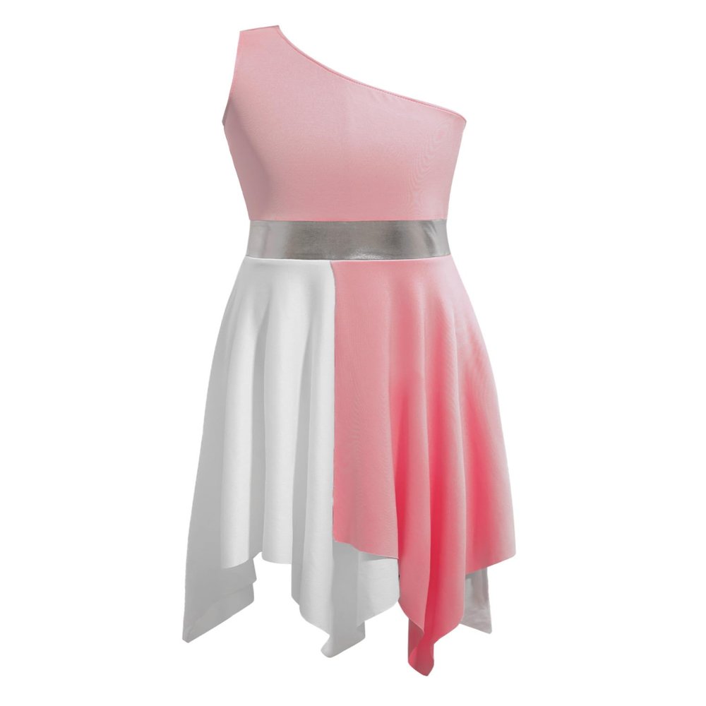 Oyolan Kids Girls One Shoulder Lyrical Praise Dance Dress Sleeveless Color Block Tunic Liturgical Worship Costume A9774 Light Pink 16 Years