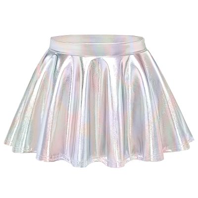 Auranso Girls Metallic Skater Skirt Sparkly Shiny Flared Pleated A-Line Mini Skort Silver 8-10 Years