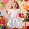 Auranso Girls Metallic Skater Skirt Sparkly Shiny Flared Pleated A-Line Mini Skort Silver 8-10 Years view 2