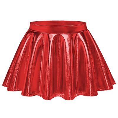 Auranso Girls Metallic Skater Skirt Sparkly Shiny Flared Pleated A-Line Mini Skort Red 7-8 Years