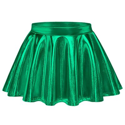 Auranso Girls Metallic Skater Skirt Sparkly Shiny Flared Pleated A-Line Mini Skort Green 5-6T