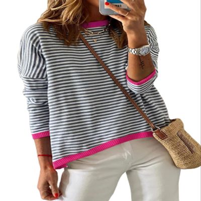 Dokotoo Womens Sweaters Casual Cotton Knitted Long Sleeve Pullover Sweater 2026 Fashion Spring Color Block Striped Round Neck Tops Shirts Clothes for Women Blue Small