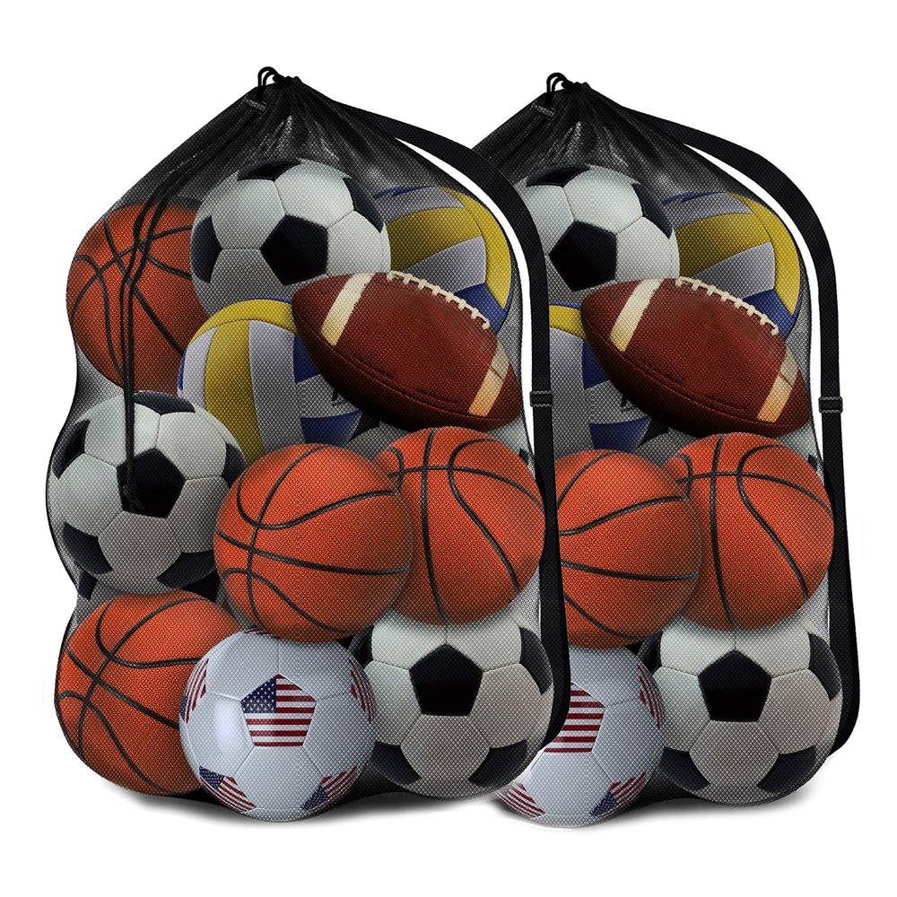 Labreccos Heavy Duty Mesh Ball Bag, 30x40 Large Sports Equipment Organizer for Soccer Basketball Volleyball, Breathable Gear Bag with Adjustable Strap for Coaches and Gym (Black-2Pack)