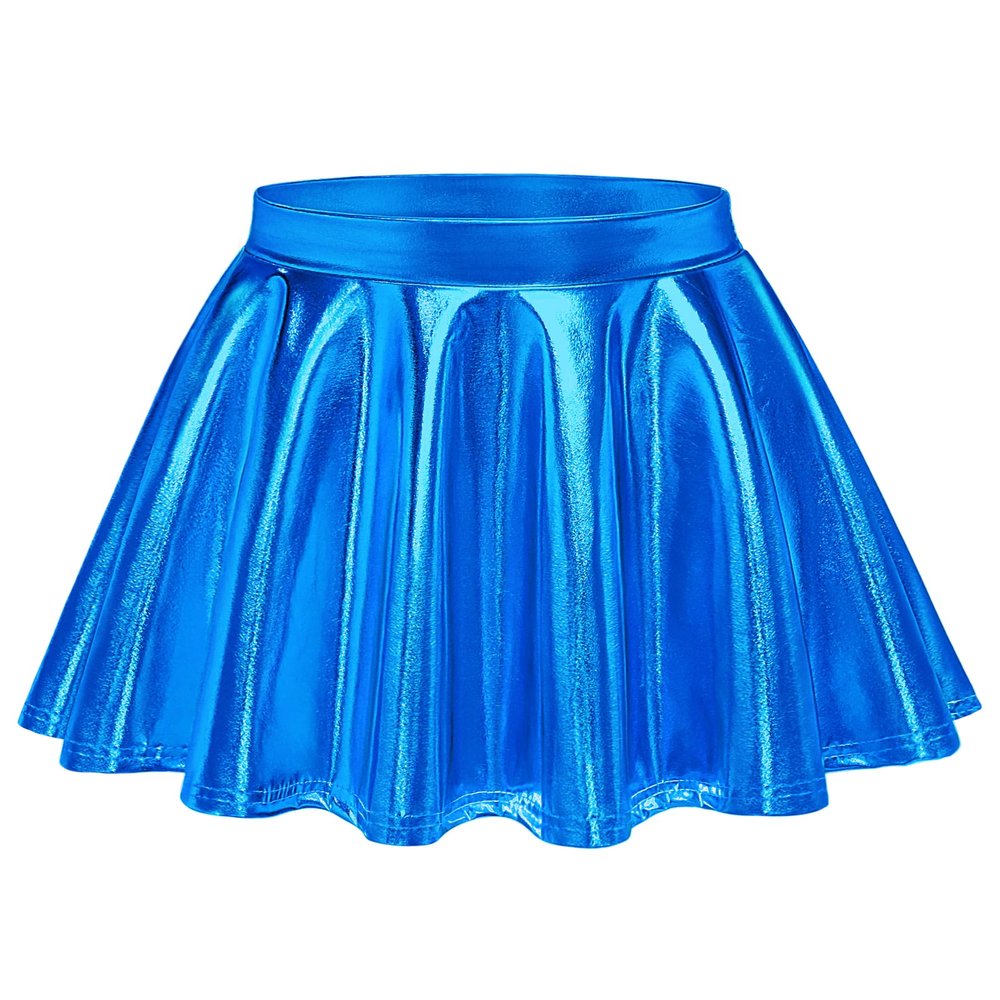 Auranso Girls Metallic Skater Skirt Sparkly Shiny Flared Pleated A-Line Mini Skort Bright Blue 10-11 Years