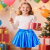 Auranso Girls Metallic Skater Skirt Sparkly Shiny Flared Pleated A-Line Mini Skort Bright Blue 10-11 Years view 2