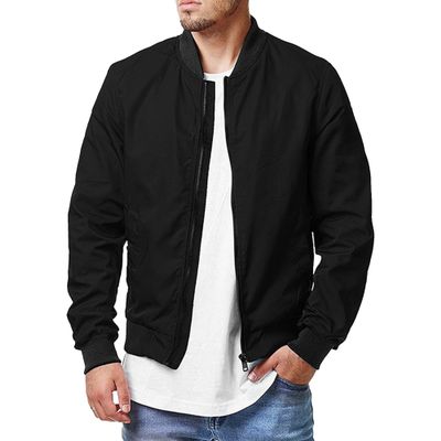 DGKaxiyaHM Men's Solid Color Thin Bomber Jackets Baseball Zipper Washed Coats Softshell Relaxed Fit Outerwear (Black,Small)