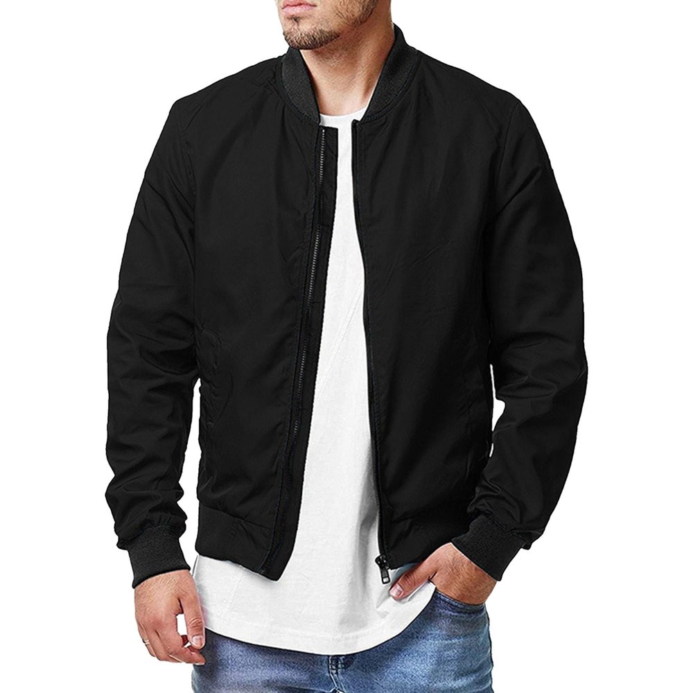 DGKaxiyaHM Men's Solid Color Thin Bomber Jackets Baseball Zipper Washed Coats Softshell Relaxed Fit Outerwear (Black,Small)