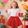 Auranso Girls Metallic Skater Skirt Sparkly Shiny Flared Pleated A-Line Mini Skort Red 12-13 Years view 2