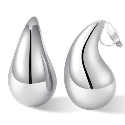 NVWAROCK Silver Drop Clip On Earrings Dupes Teardrop Chunky Non Pierced Earring 14K Real White Gold Plated Hypoallergenic Lightweight Earrings for Women