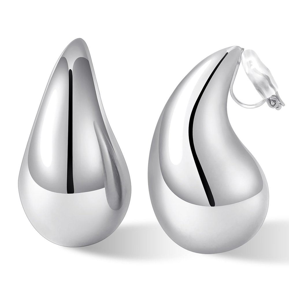 NVWAROCK Silver Drop Clip On Earrings Dupes Teardrop Chunky Non Pierced Earring 14K Real White Gold Plated Hypoallergenic Lightweight Earrings for Women