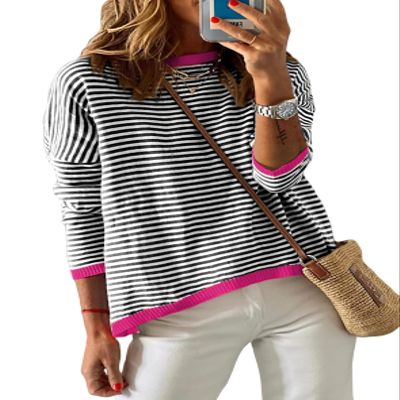 Dokotoo Summer Sweaters for Women Trendy Round Neck Dropped Shoulder Striped Sweater Women Casual Color Block Pullover Tops Womens Spring Clothes Black XX-Large