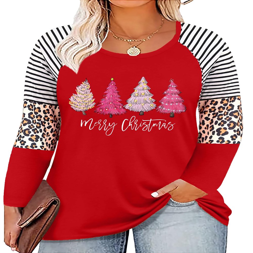 Plus Size Christmas T Shirt Women Xmas Leopard Plaid Trees Print Tees Casual Long Sleeve Holiday Shirts Top (Red9, 4X-Large)