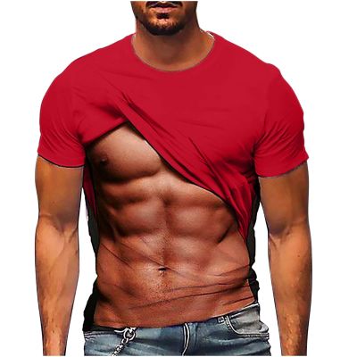 Men's 3D Muscle T Shirt Ugly Christmas Tops Funny Creative Holiday Abs Graphic Print Tees Short Sleeve Party Shirts Red