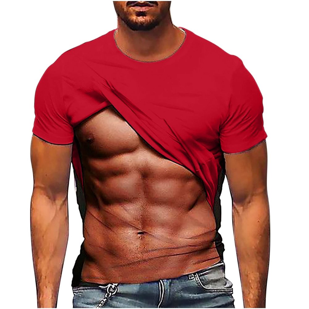 Men's 3D Muscle T Shirt Ugly Christmas Tops Funny Creative Holiday Abs Graphic Print Tees Short Sleeve Party Shirts Red