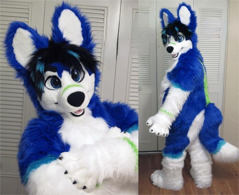 PROPSCOS Long Fur Furry Blue Wolf Husky Dog Fox Fursuit Mascot Costume Character (XXL)