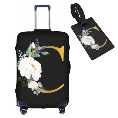 HAUYE Flower Letter C Black Luggage Cover with Luggage Tag Elastic Washable Stretch Suitcase Protector Anti-Scratch Travel Suitcase Cover for Kid and Adult M (for 22-24 inch suitcase)