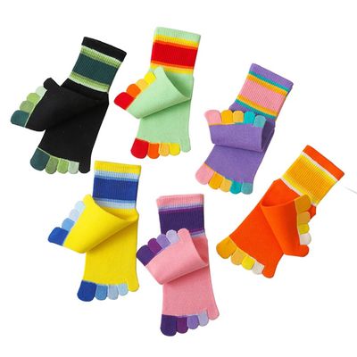 Antcher Girls Seamless Socks Rainbow Stripes Five Finger Cotton Toe Socks Kids School Crew Socks 6 Pack (US, Age, 6 Years, 10 Years, Multi)