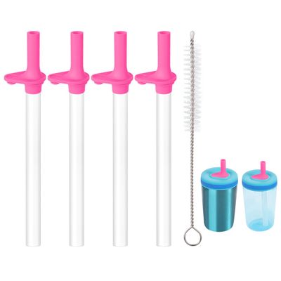 4pcs Replacement Straws with Bite Valve for Zak Designs Kelso 15 oz, with 1 Cleaning Brush Reusable Kids Cup Replacement Straws Accessory for Zak, BPA-Free (Pink)