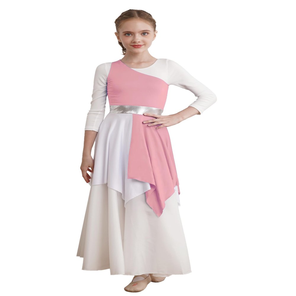 Aislor Kids Girls One Shoulder Praise Dance Dress Lyrical Modern Dance Dress Tunic Liturgical Worship Costume Dancewear Light Pink 8 Years
