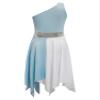 TiaoBug Kids Girls One Shoulder Color Block Praise Dance Dress Tunic Worship Robe Dress Lyrical Liturgical Costume Light Blue 6 Years view 4