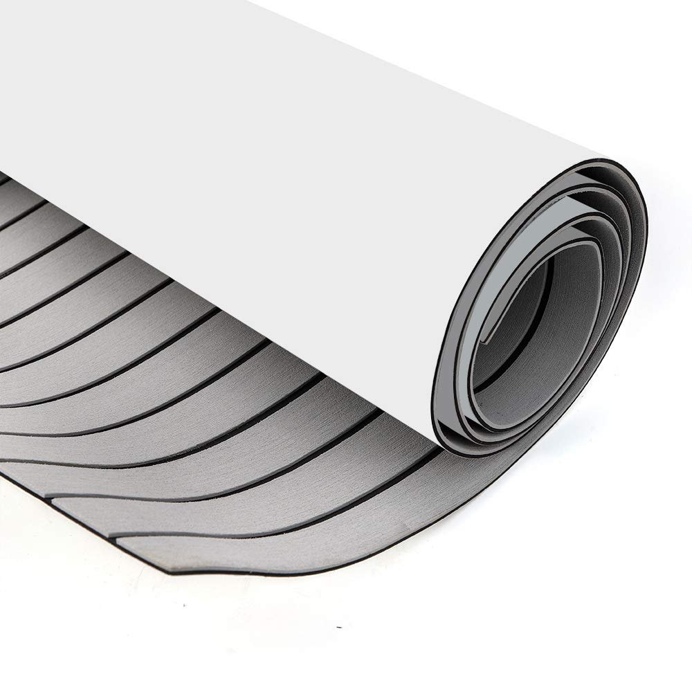Eva Foam Boat Flooring, Boat Decking Sheet Faux Teak Marine Mat Marine Carpet Non-Slip Self-Adhesive Flooring for Motorboat RV Yacht Kayak Swim Platform (94.5" x 35.4", Gray with Black Seam Lines)